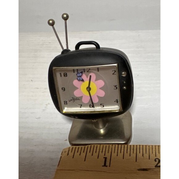 La Brea Desk Clock Retro Mini TV Pink Flower Butterfly 2" Black Silver 2 x1.5x1" - Picture 9 of 10